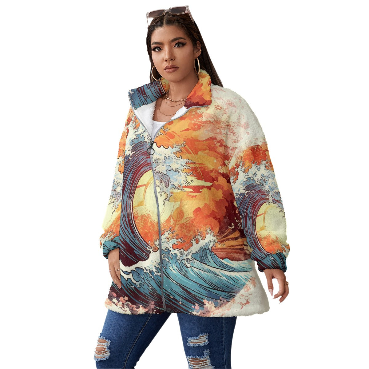 All-Over Print Unisex Borg Fleece Stand-up Collar Coat With Zipper Closure(Plus Size)