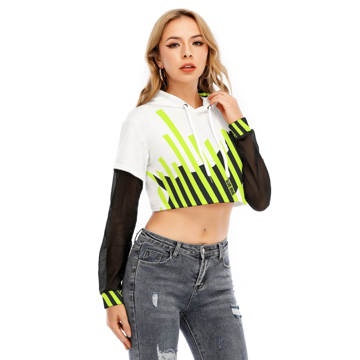 All-Over Print Women's Fake Two-piece Mesh Sleeve Cropped Hoodie