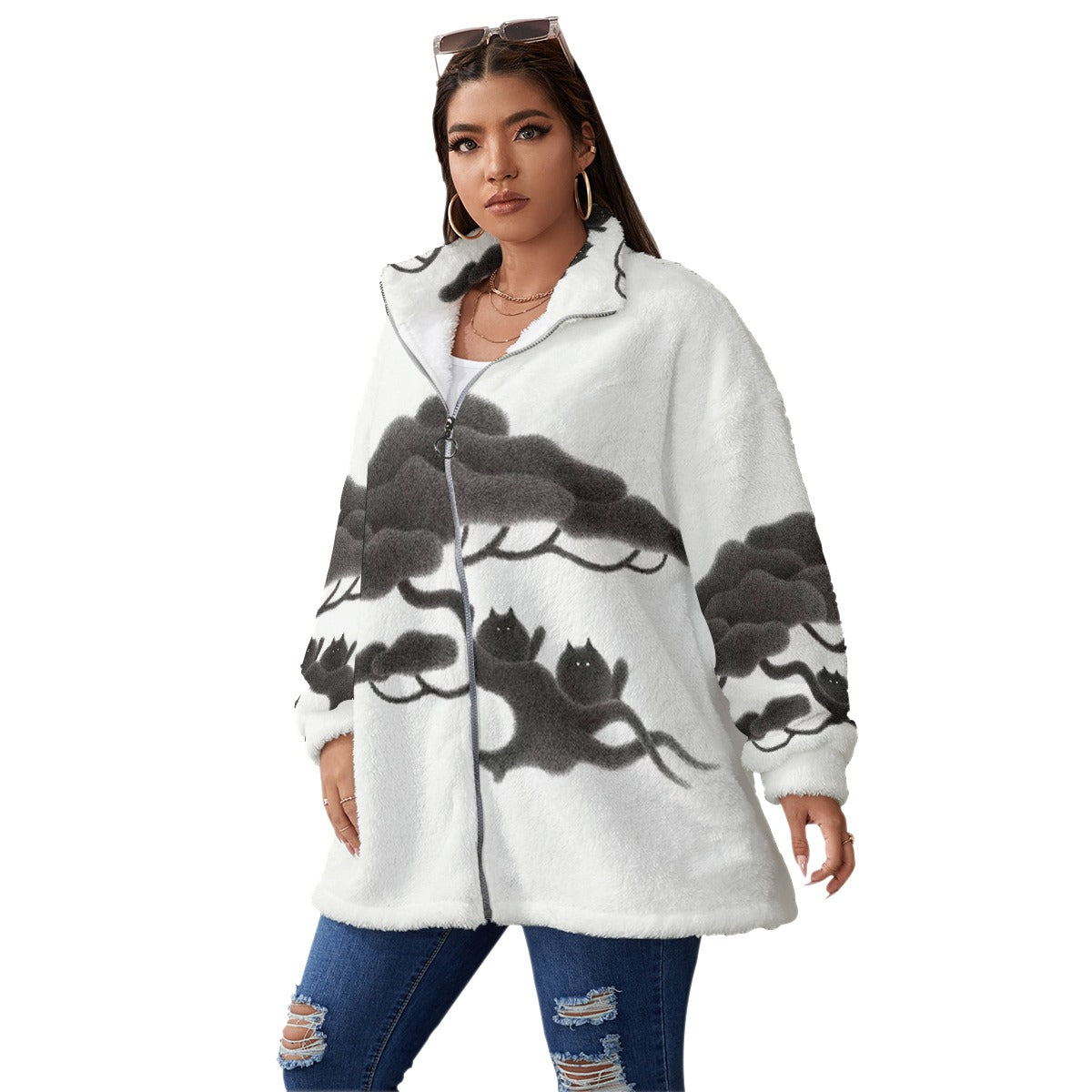 All-Over Print Unisex Borg Fleece Stand-up Collar Coat With Zipper Closure(Plus Size)