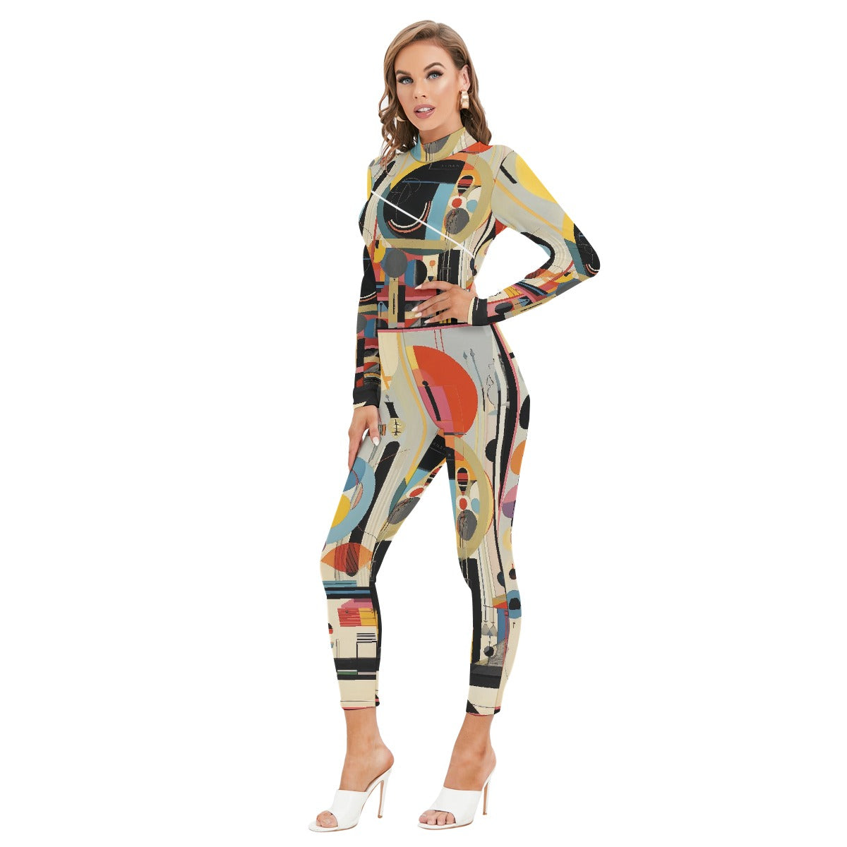 All-Over Print Women's Long-sleeved High-neck Jumpsuit With Zipper