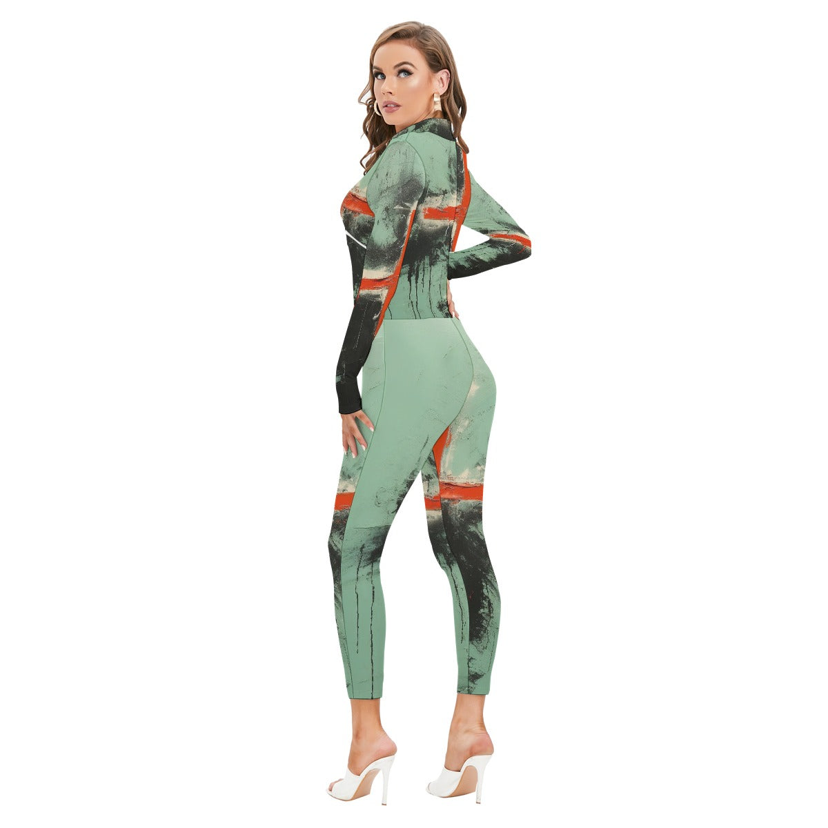 All-Over Print Women's Long-sleeved High-neck Jumpsuit With Zipper