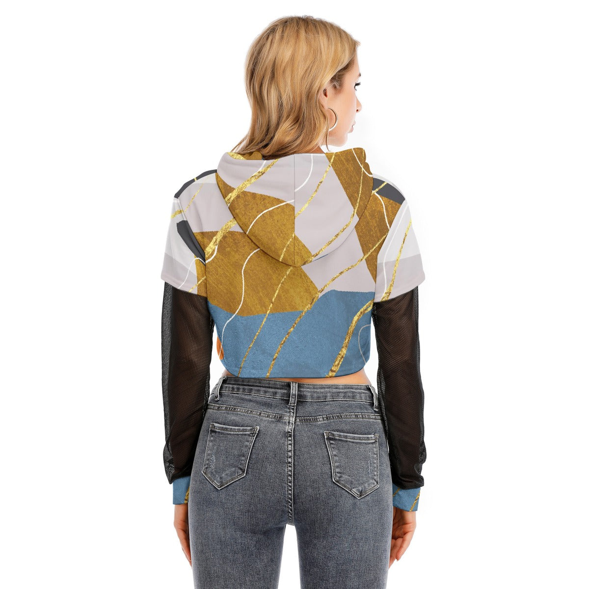 All-Over Print Women's Fake Two-piece Mesh Sleeve Cropped Hoodie