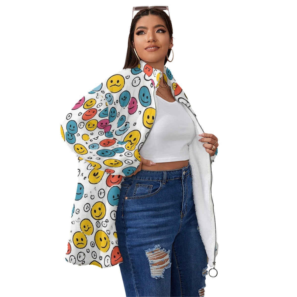 All-Over Print Unisex Borg Fleece Stand-up Collar Coat With Zipper Closure(Plus Size)