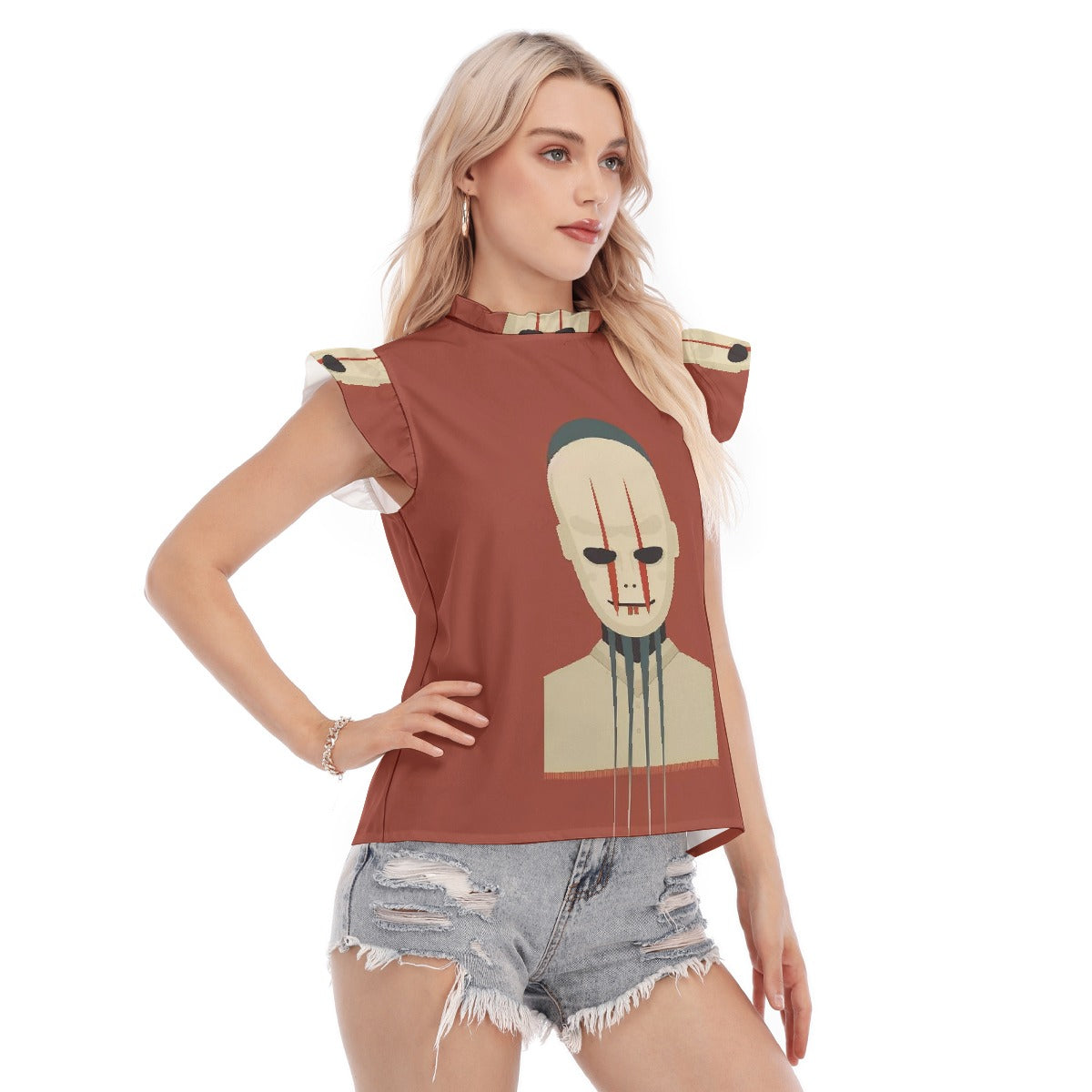 All-Over Print Women's Blouse With Ruffle Collar And Sleeve