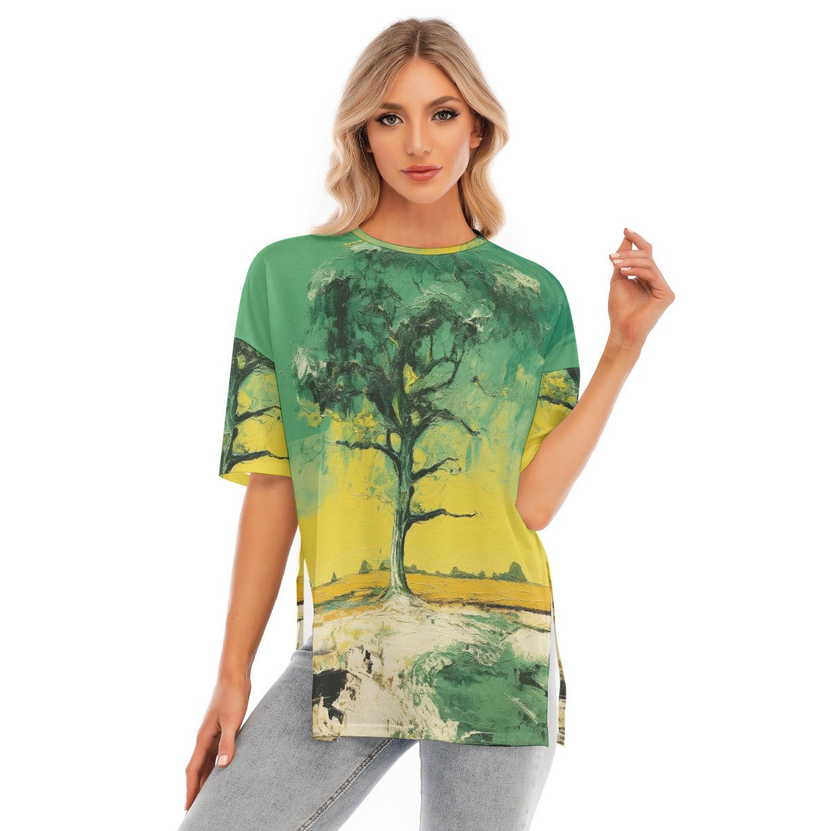 All-Over Print Women's Short Sleeves T-shirt With Hem Split