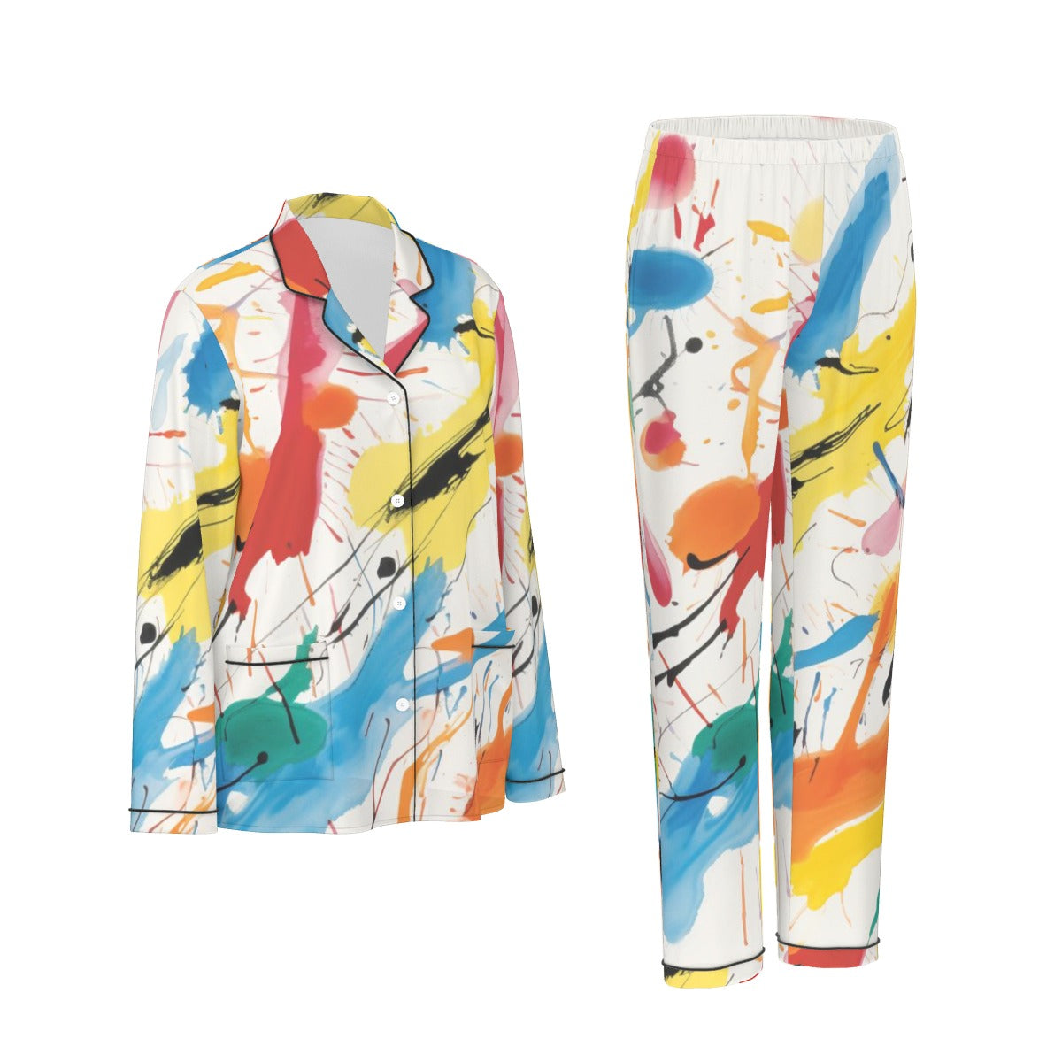 All-Over Print Women's Long Sleeve Pajama Set With Black Contrast Piping