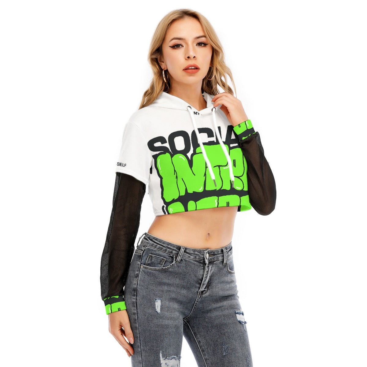 All-Over Print Women's Fake Two-piece Mesh Sleeve Cropped Hoodie
