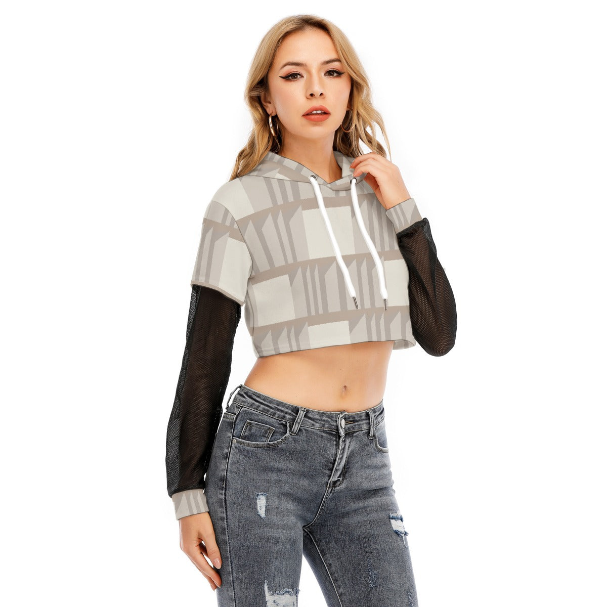 All-Over Print Women's Fake Two-piece Mesh Sleeve Cropped Hoodie