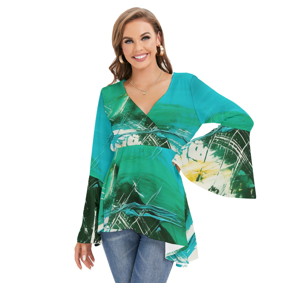 All-Over Print Women's V-neck Blouse With Flared Sleeves