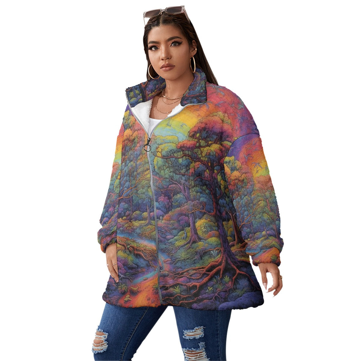 All-Over Print Unisex Borg Fleece Stand-up Collar Coat With Zipper Closure(Plus Size)