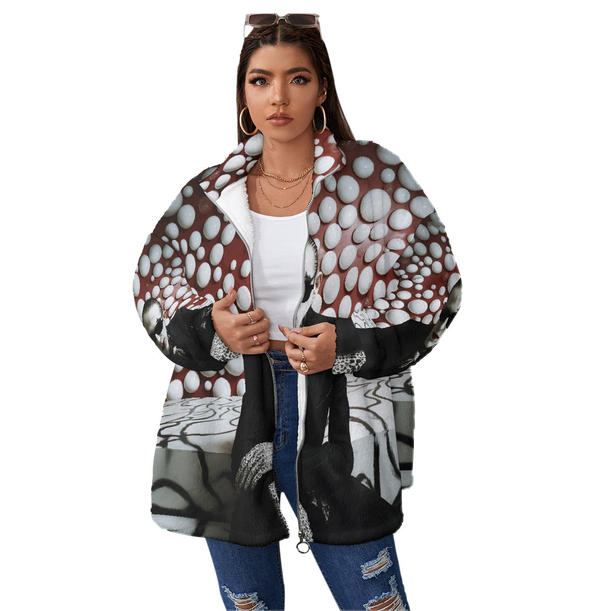 All-Over Print Unisex Borg Fleece Stand-up Collar Coat With Zipper Closure(Plus Size)
