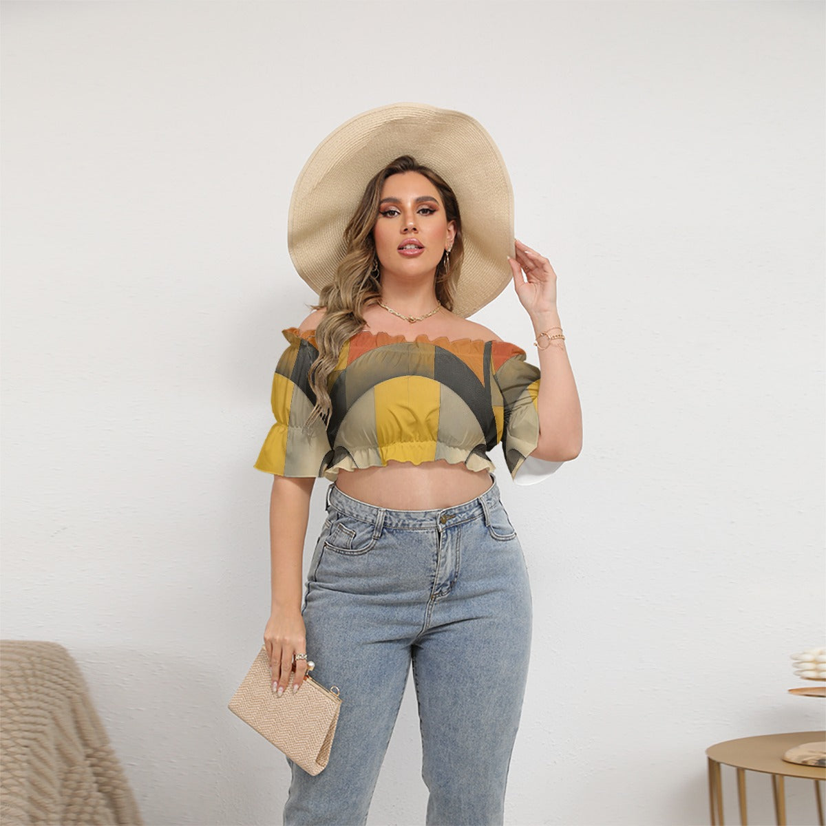 All-Over Print Women's Off-shoulder Cropped Top With Short Puff Sleeve