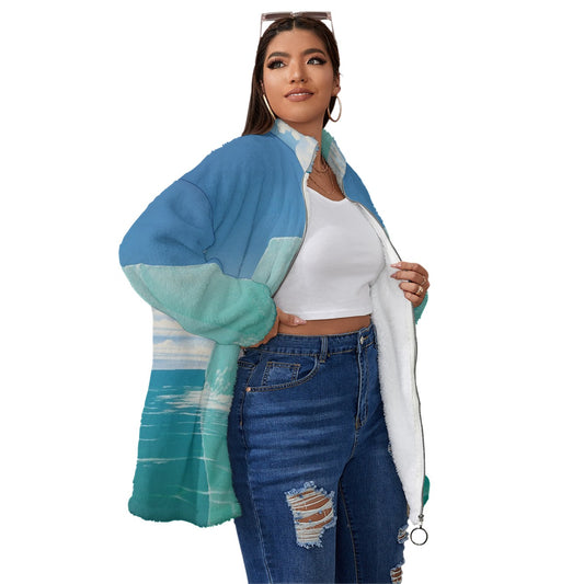 All-Over Print Unisex Borg Fleece Stand-up Collar Coat With Zipper Closure(Plus Size)