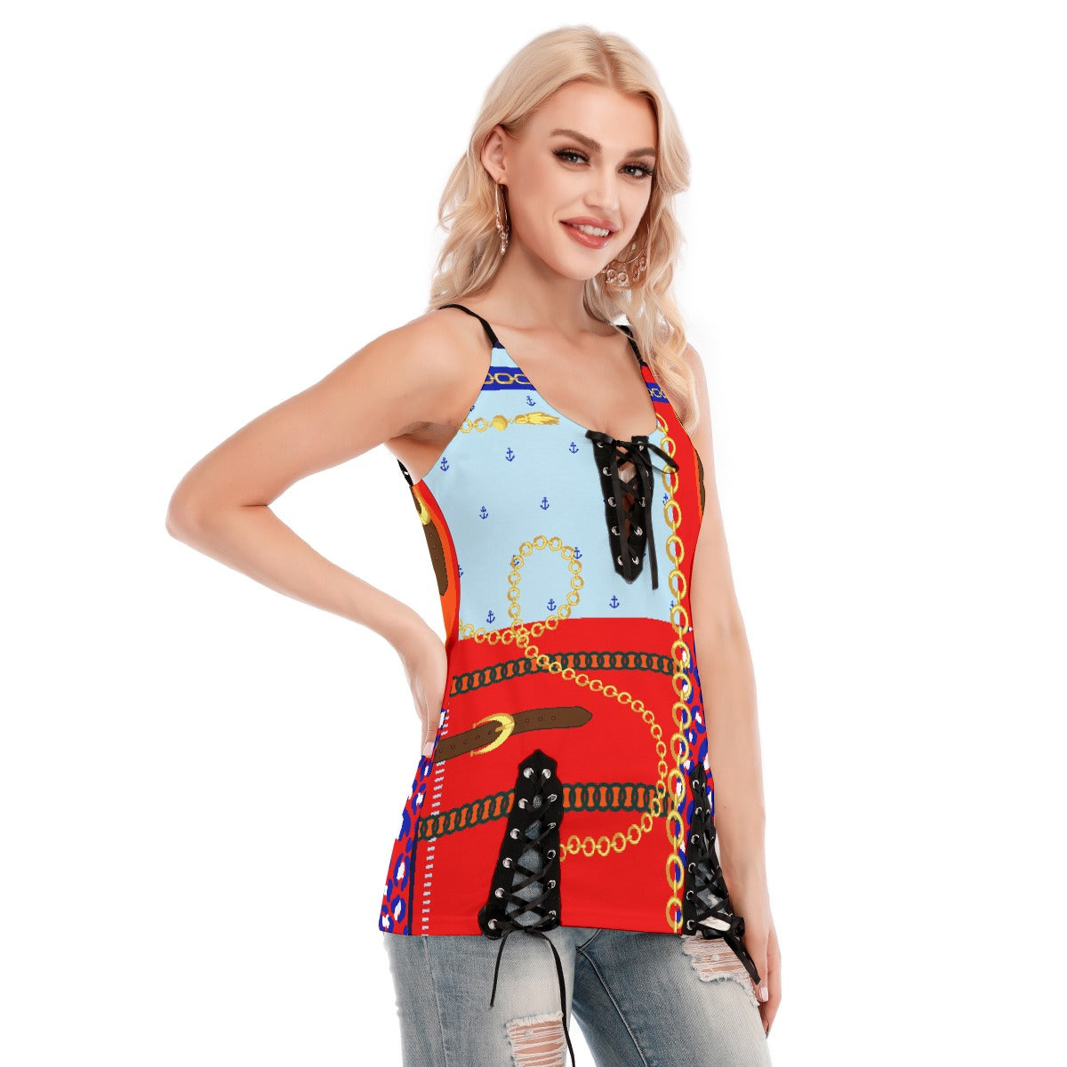 All-Over Print Women's V-neck Eyelet Lace-up Cami Dress