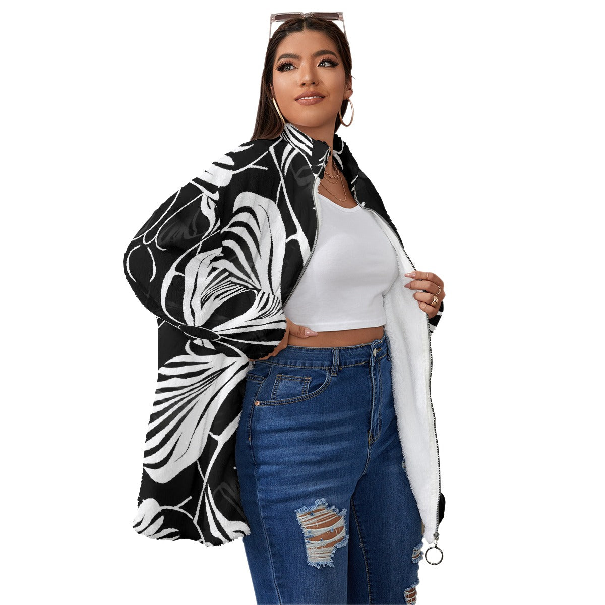 All-Over Print Unisex Borg Fleece Stand-up Collar Coat With Zipper Closure(Plus Size)