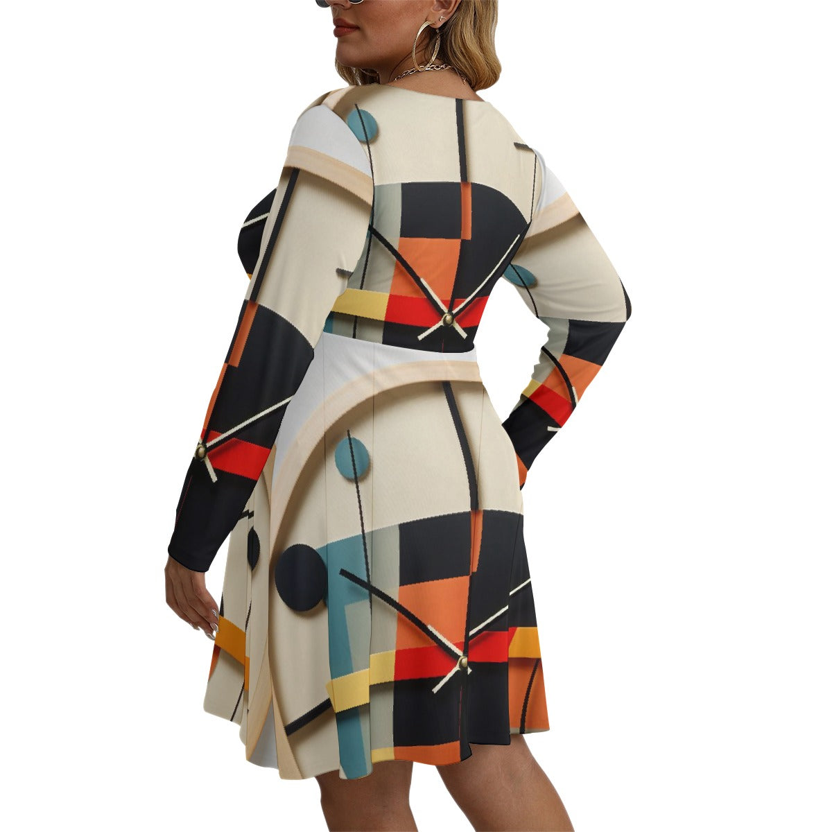 All-Over Print Women's V-neck Long Sleeve Dress(Plus Size)