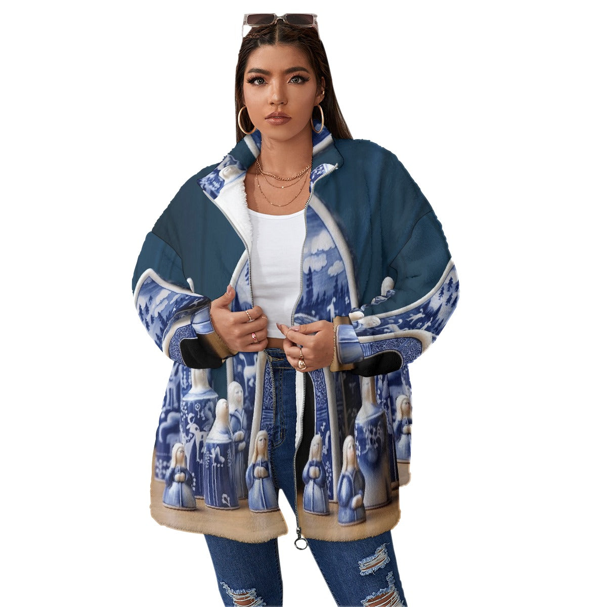 All-Over Print Unisex Borg Fleece Stand-up Collar Coat With Zipper Closure(Plus Size)