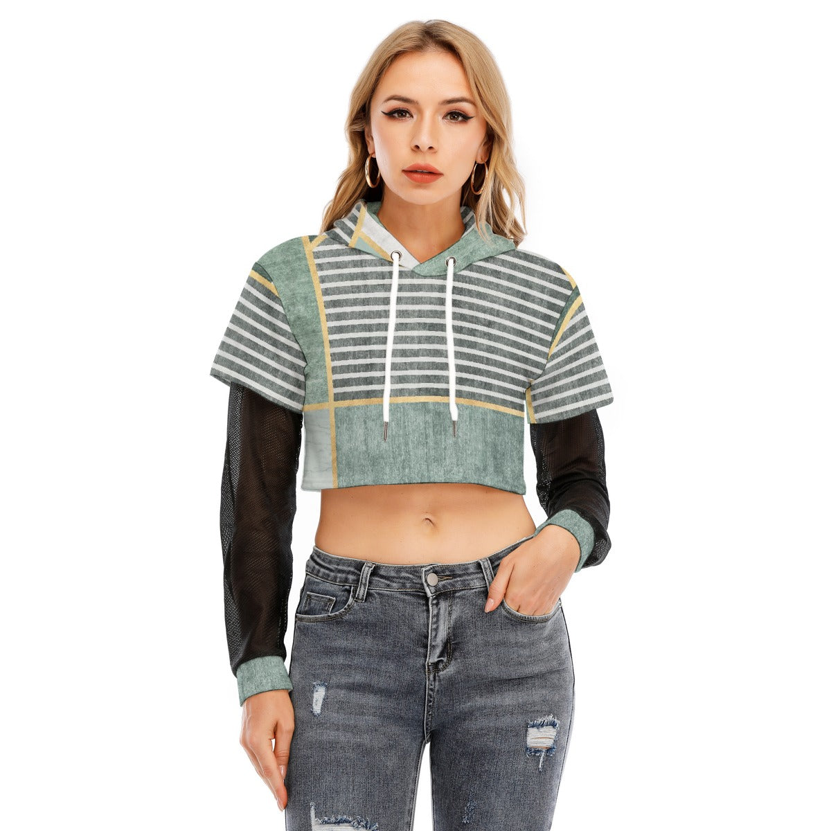 All-Over Print Women's Fake Two-piece Mesh Sleeve Cropped Hoodie