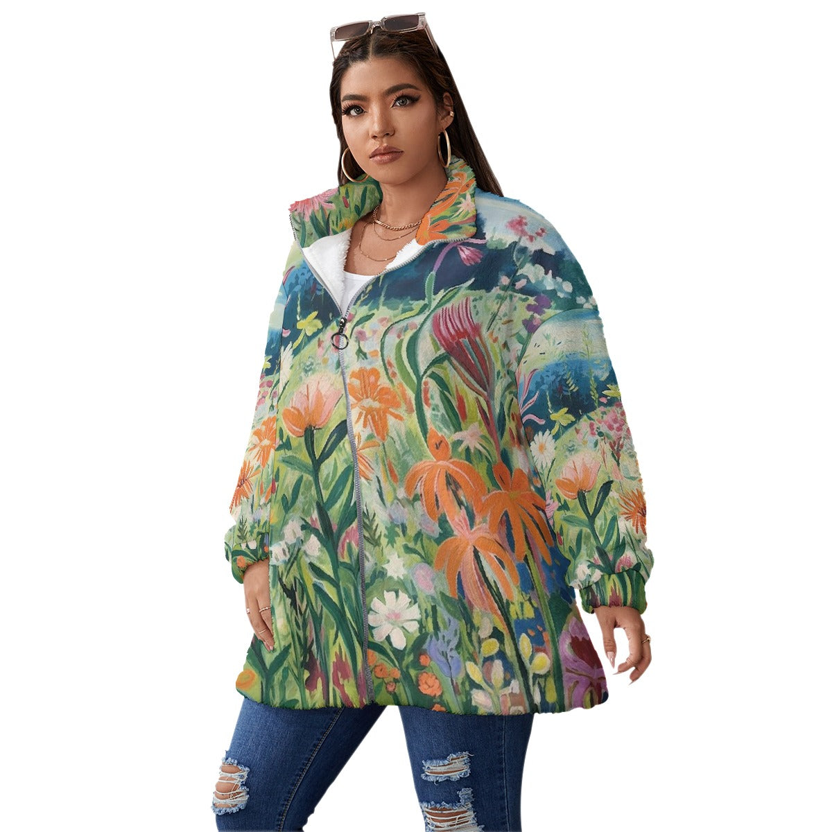 All-Over Print Unisex Borg Fleece Stand-up Collar Coat With Zipper Closure(Plus Size)