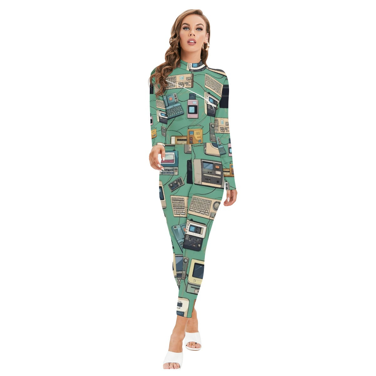 All-Over Print Women's Long-sleeved High-neck Jumpsuit With Zipper