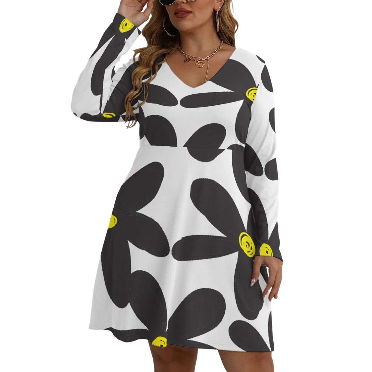All-Over Print Women's V-neck Long Sleeve Dress(Plus Size)