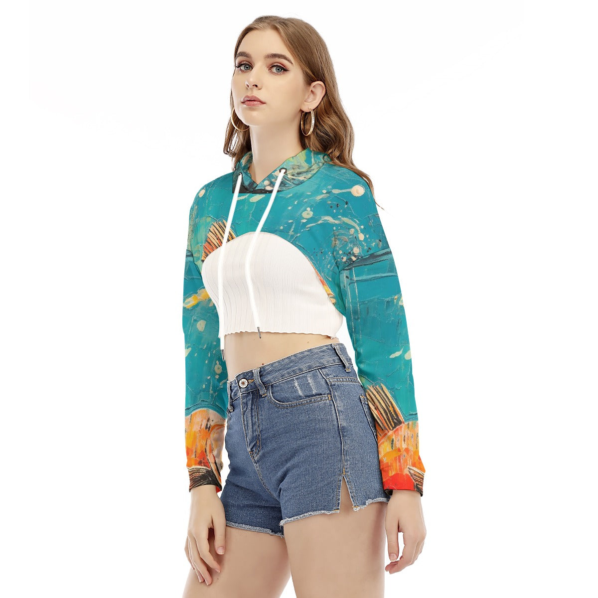 All-Over Print Women's Smock Short Hoodie With Long Sleeve
