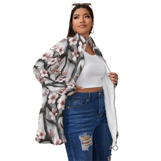 All-Over Print Unisex Borg Fleece Stand-up Collar Coat With Zipper Closure(Plus Size)