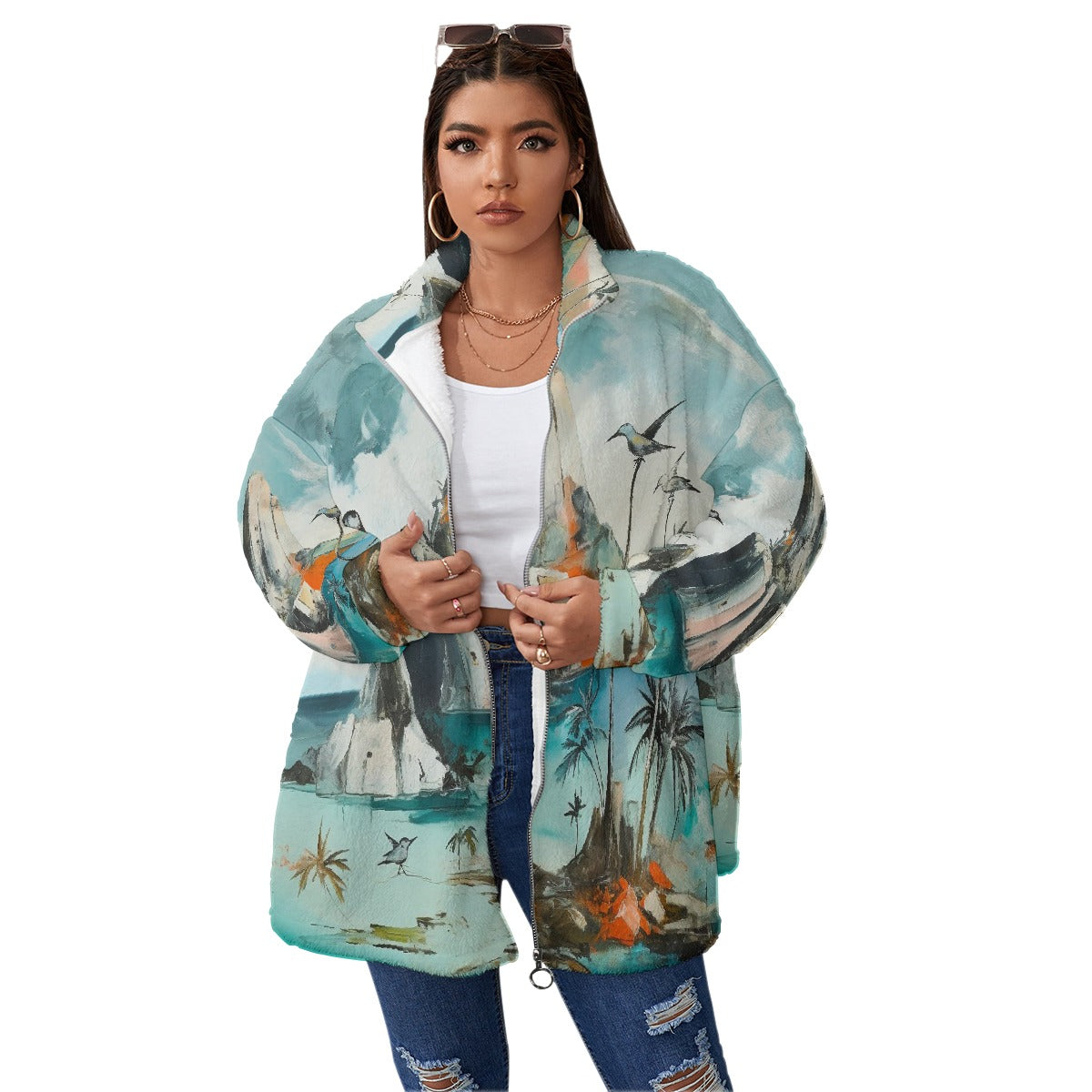 All-Over Print Unisex Borg Fleece Stand-up Collar Coat With Zipper Closure(Plus Size)