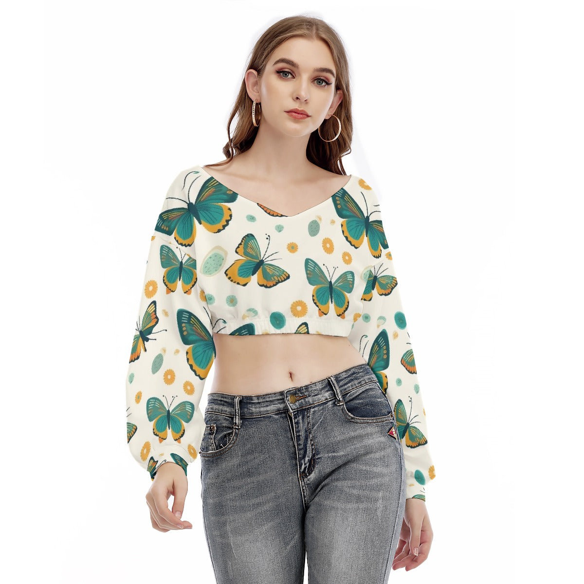 All-Over Print Women's V-neck Long Sleeve Cropped Sweatshirt