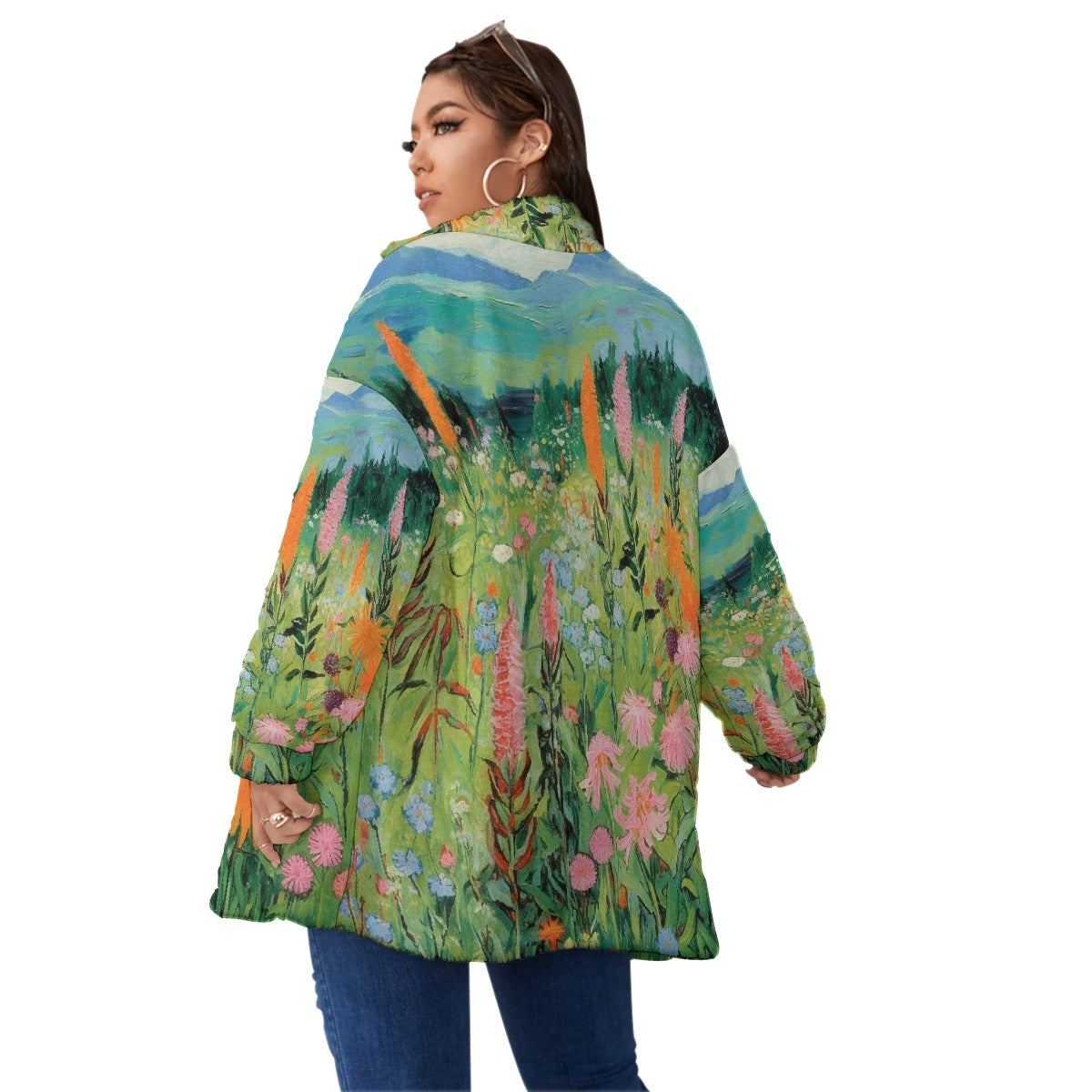 All-Over Print Unisex Borg Fleece Stand-up Collar Coat With Zipper Closure(Plus Size)