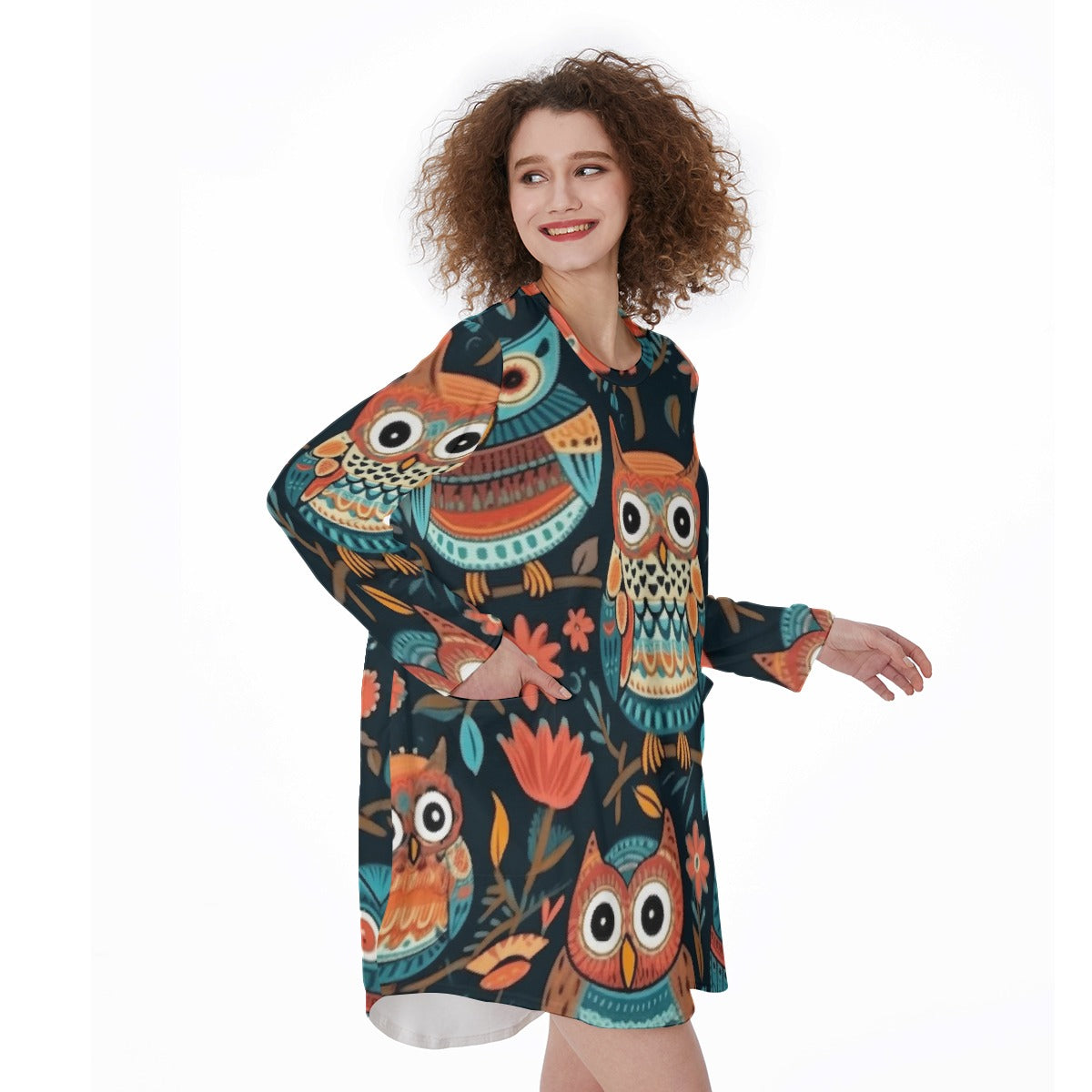 All-Over Print Women's Casual Loose Long Sleeve Dress With Pocket