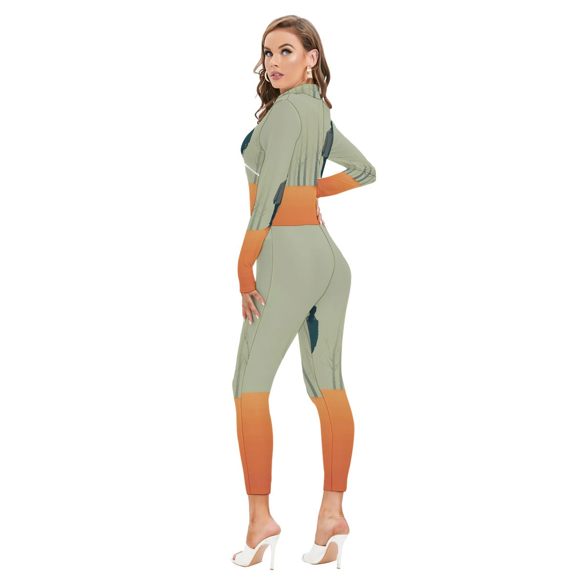 All-Over Print Women's Long-sleeved High-neck Jumpsuit With Zipper