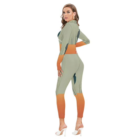 All-Over Print Women's Long-sleeved High-neck Jumpsuit With Zipper