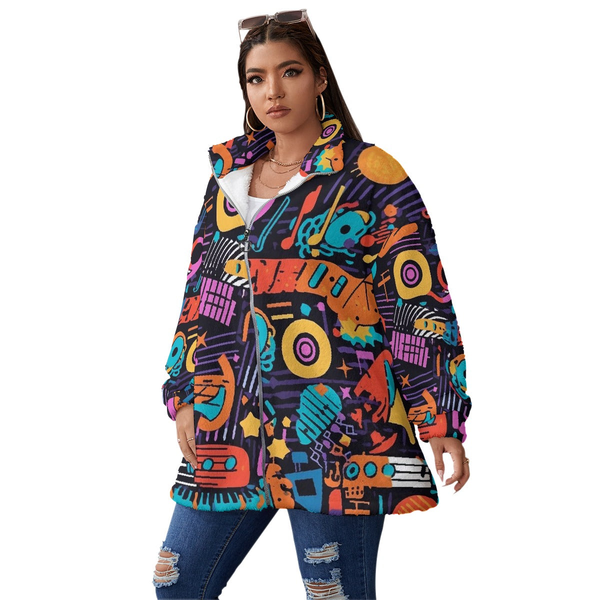 All-Over Print Unisex Borg Fleece Stand-up Collar Coat With Zipper Closure(Plus Size)
