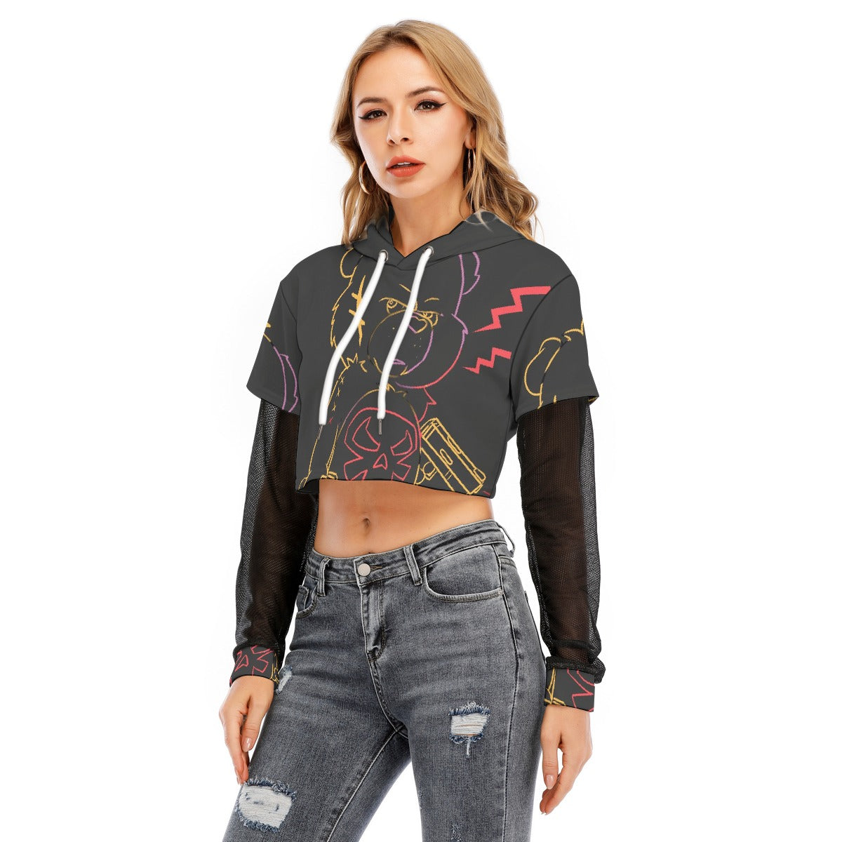 All-Over Print Women's Fake Two-piece Mesh Sleeve Cropped Hoodie