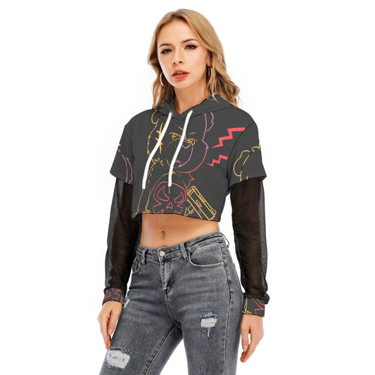 All-Over Print Women's Fake Two-piece Mesh Sleeve Cropped Hoodie