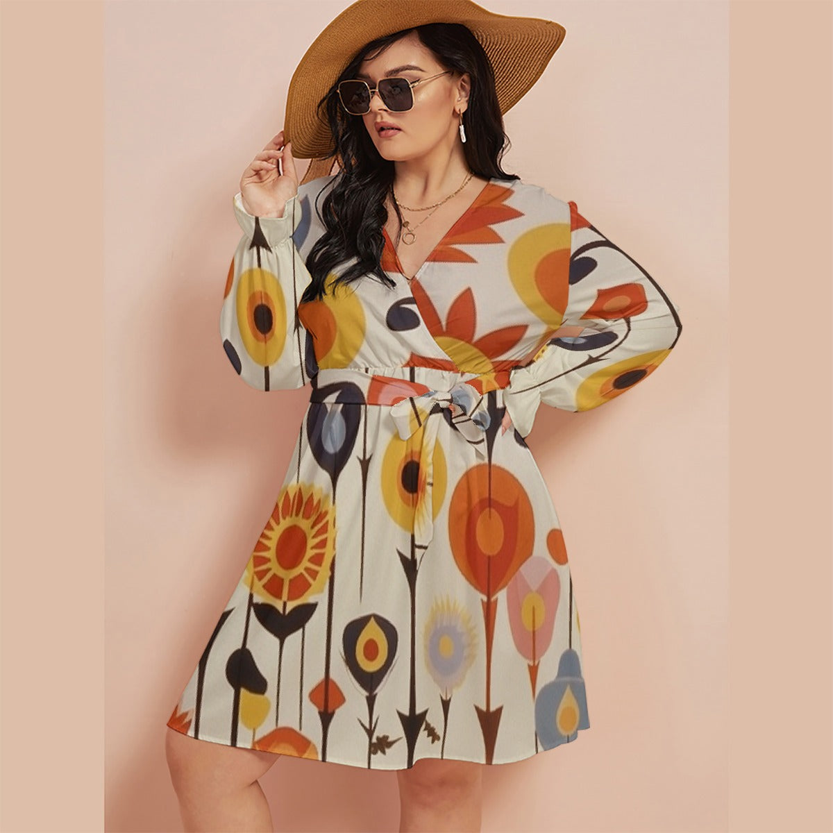 All-Over Print Women's V-neck Dress With Waistband(Plus Size)