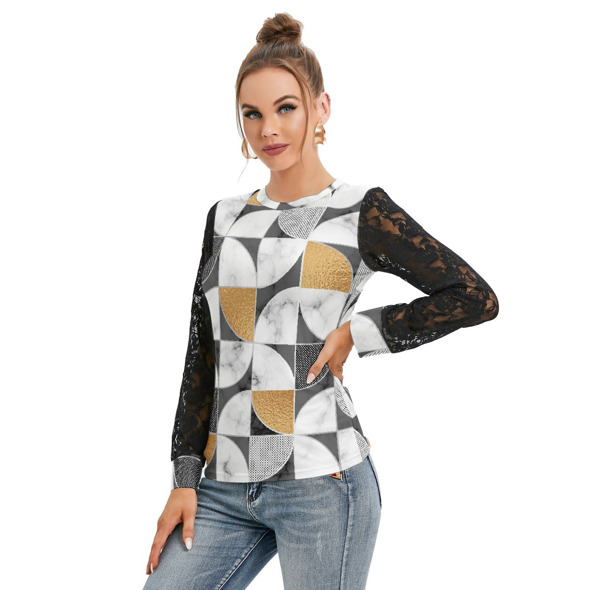 All-Over Print Women's T-shirt And Sleeve With Black Lace