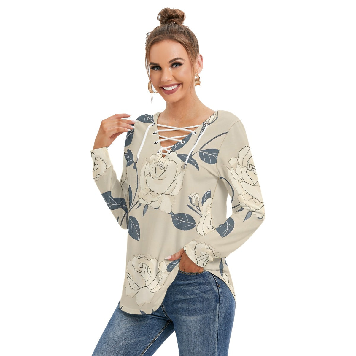 All-Over Print Women's Long Sleeve Neckline Tie Sweatshirt