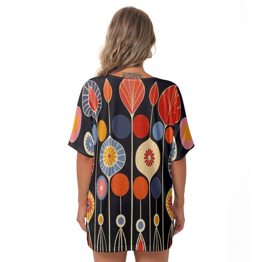 All-Over Print Women's Bat Sleeves V-Neck Blouse