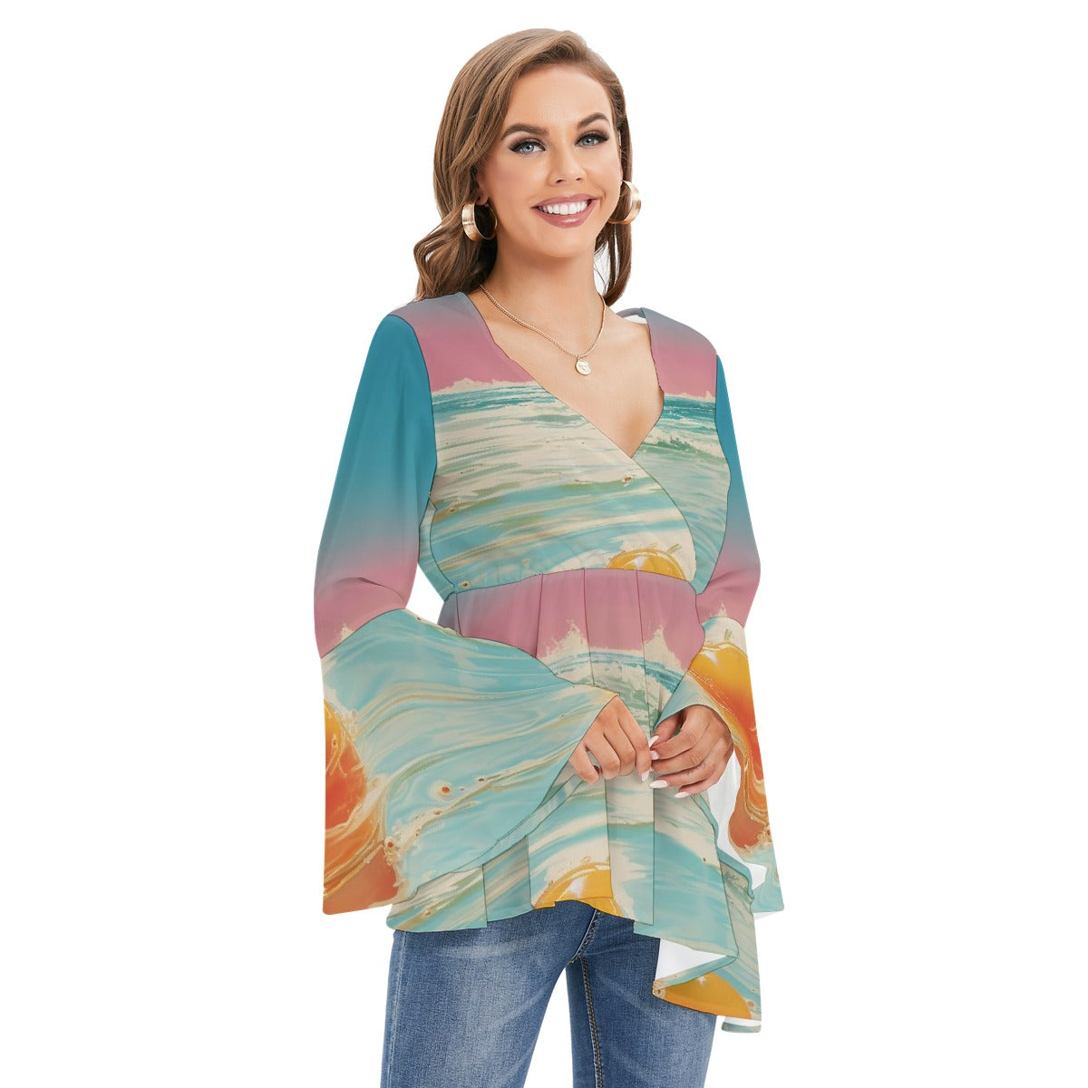 All-Over Print Women's V-neck Blouse With Flared Sleeves
