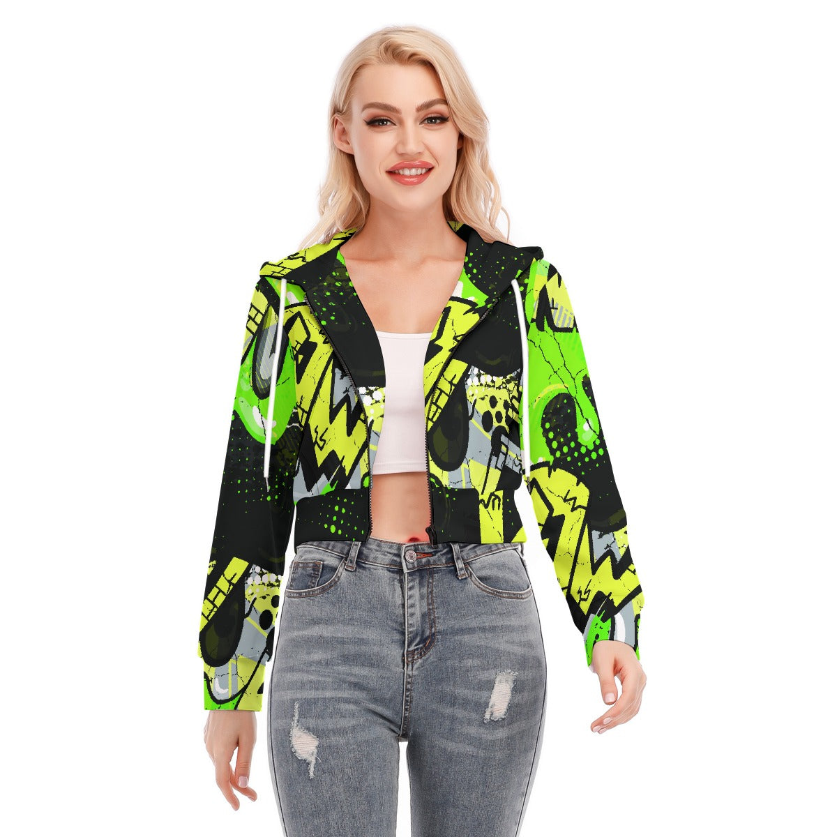 All-Over Print Women's Crop Top Hoodie With Zipper Closure
