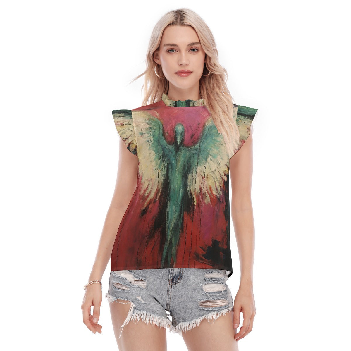 All-Over Print Women's Blouse With Ruffle Collar And Sleeve