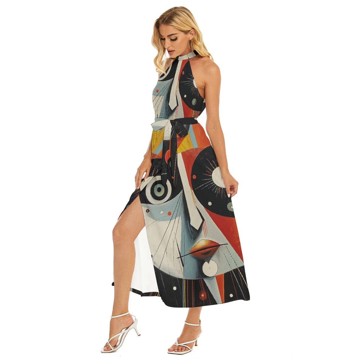 All-Over Print Women's Wrap Hem Belted Halter Dress