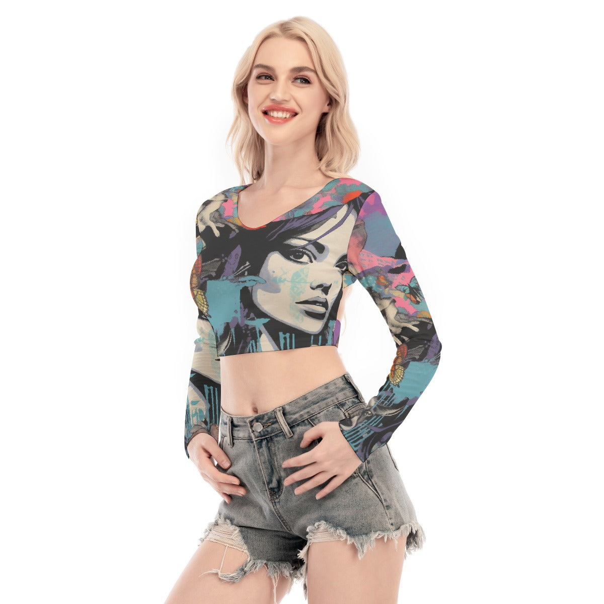 All-Over Print Women's Back Hollow T-shirt With Strap