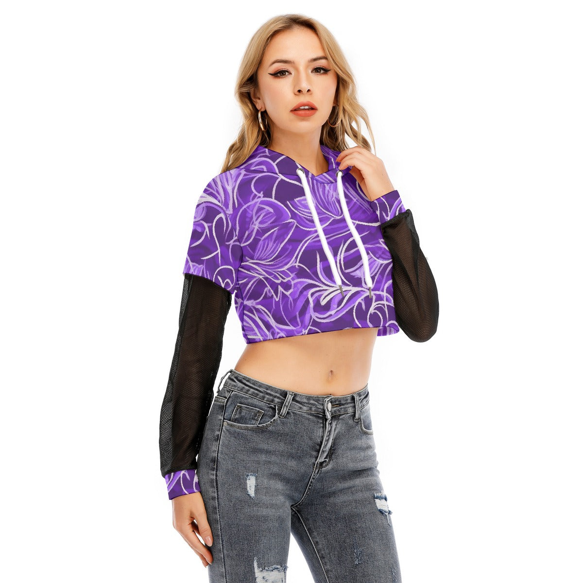 All-Over Print Women's Fake Two-piece Mesh Sleeve Cropped Hoodie