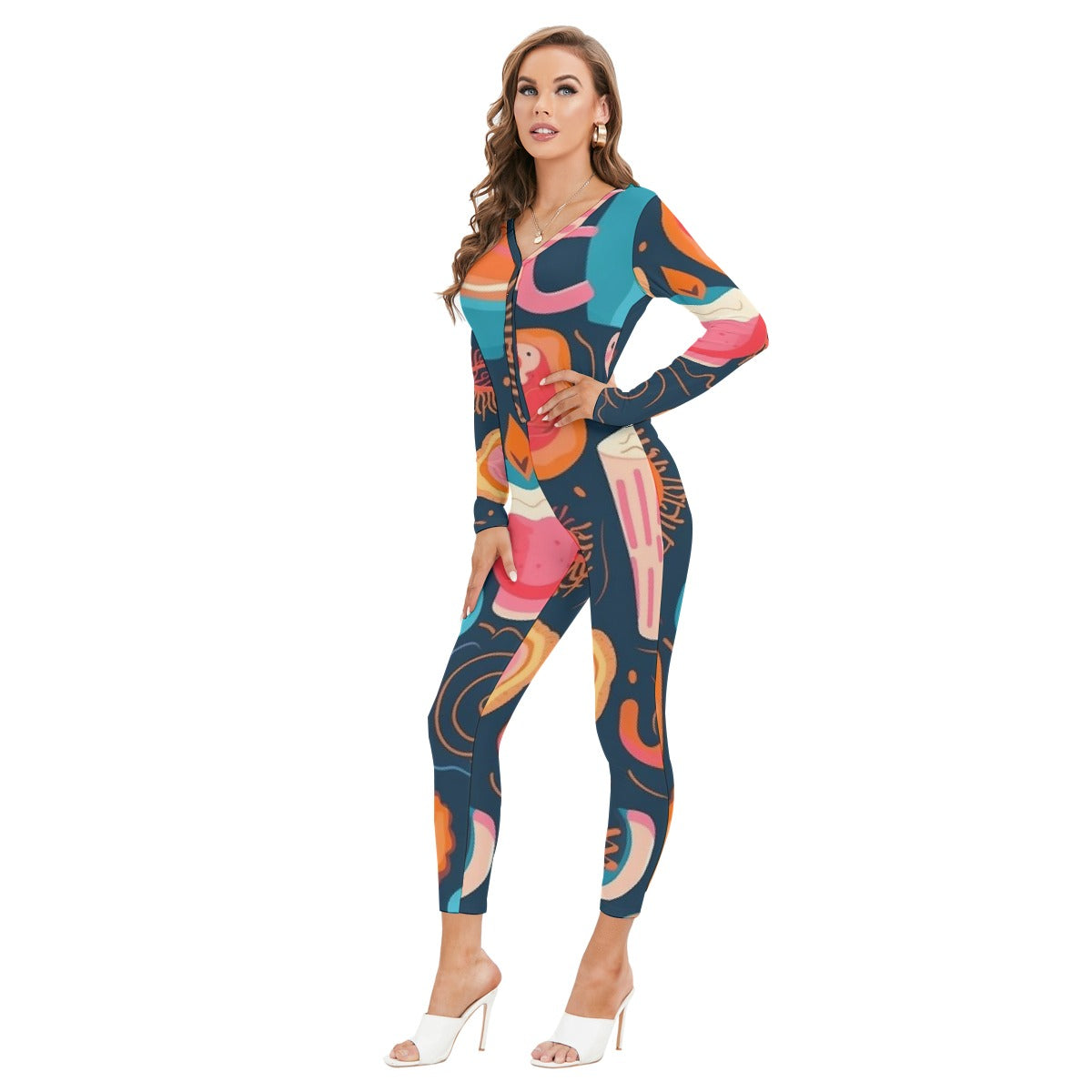 All-Over Print Women's Plunging Neck Jumpsuit