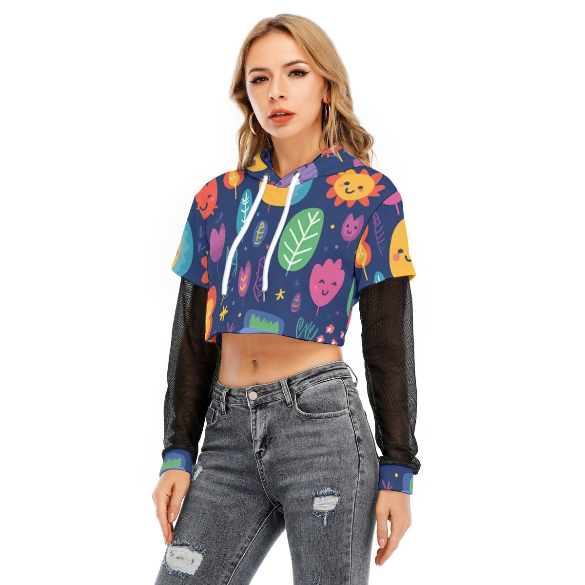 All-Over Print Women's Fake Two-piece Mesh Sleeve Cropped Hoodie
