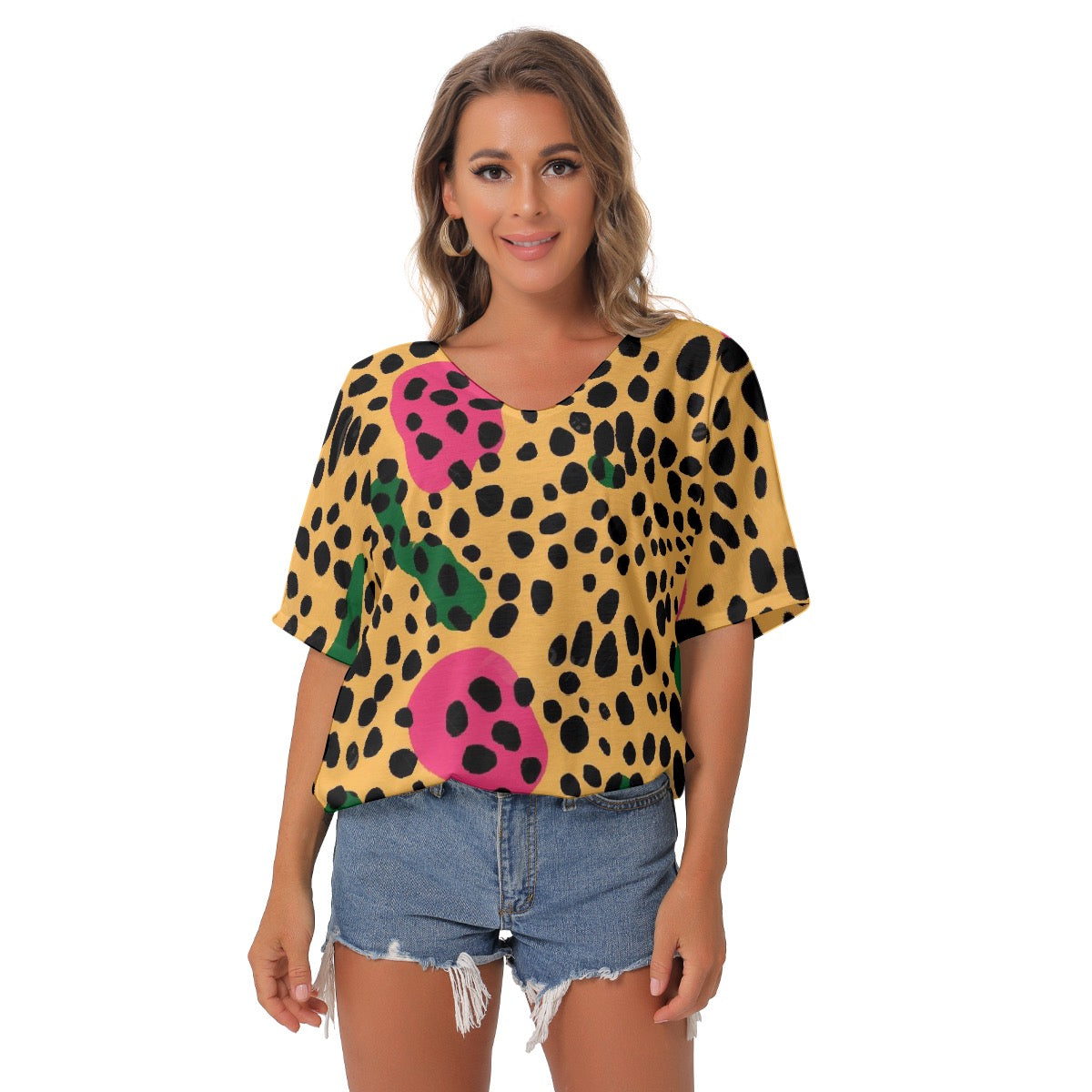 All-Over Print Women's Bat Sleeves V-Neck Blouse