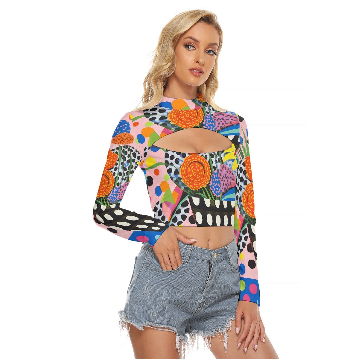 All-Over Print Women's Hollow Chest Keyhole Tight Crop Top
